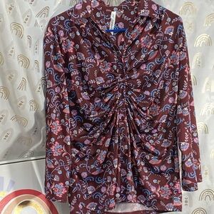 Vintage NY Collection Floral Ruched Blouse - Burgundy and Blue